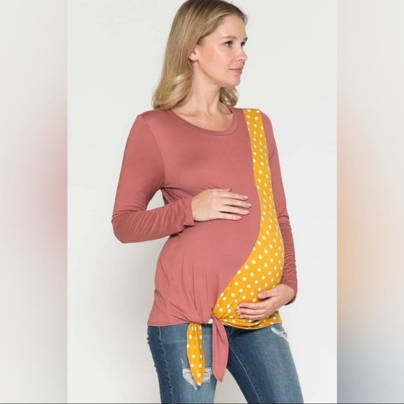Querencial Maternity Soft Stretchy Color Block Dot Print Front Tie Knot Top - Picture 4 of 8